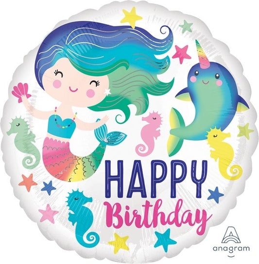 COLOURFUL OCEAN FUN MERMAID HAPPY BIRTHDAY FOIL BALLOON - 45CM