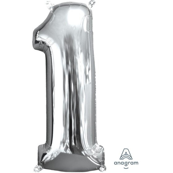 MID-SIZE SHAPE FOIL BALLOON - SILVER NUMBER 1 - 66CM