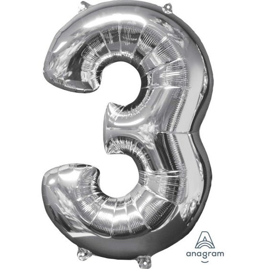 MID-SIZE SHAPE FOIL BALLOON - SILVER NUMBER 3 - 66CM