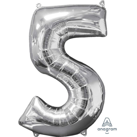 MID-SIZE SHAPE FOIL BALLOON - SILVER NUMBER 5 - 66CM