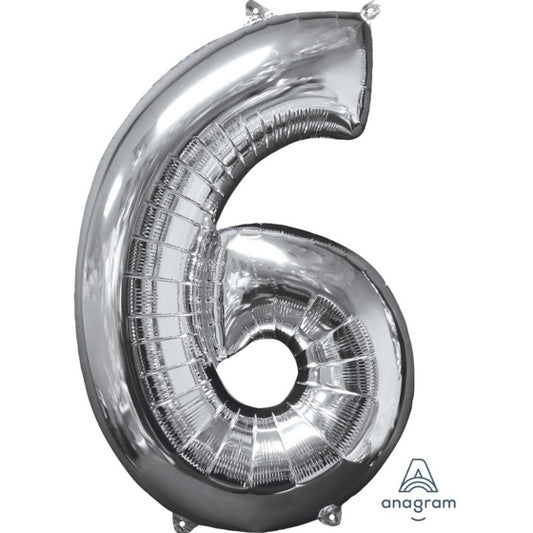 MID-SIZE SHAPE FOIL BALLOON - SILVER NUMBER 6 - 66CM