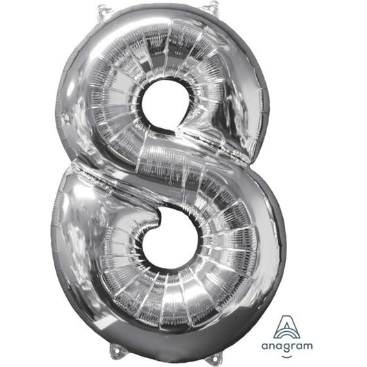 MID-SIZE SHAPE FOIL BALLOON - SILVER NUMBER 8 - 66CM