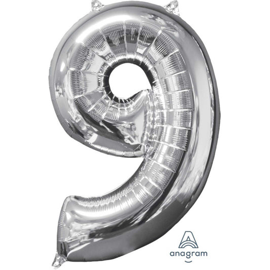 MID-SIZE SHAPE FOIL BALLOON - SILVER NUMBER 9 - 66CM