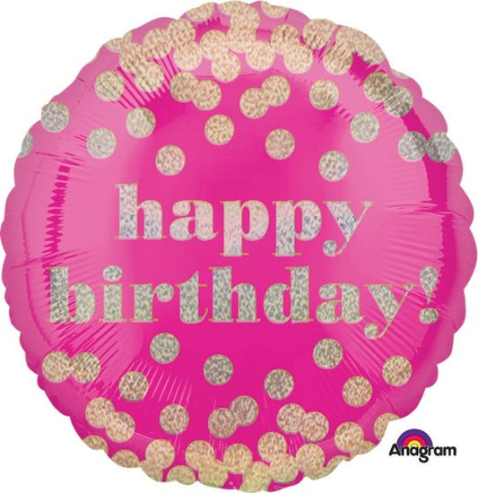 HOLOGRAPHIC PINK DOTTY HAPPY BIRTHDAY FOIL BALLOON - 45CM