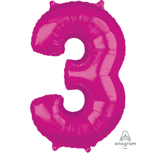 MID-SIZE SHAPE FOIL BALLOON - PINK NUMBER 3 - 66CM