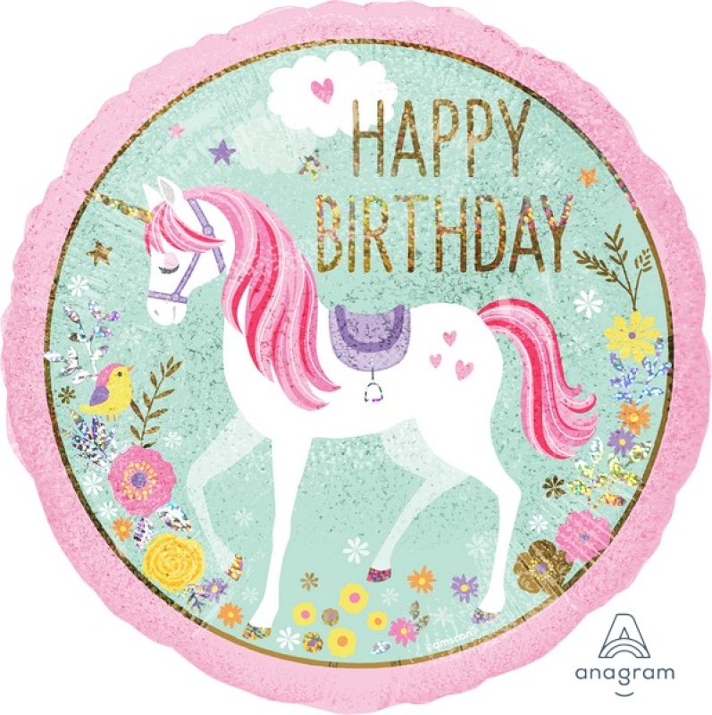 HOLOGRAM MAGICAL UNICORN HAPPY BIRTHDAY FOIL BALLOON - 43CM