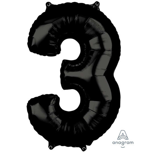 MID-SIZE SHAPE FOIL BALLOON - BLACK NUMBER 3 - 66CM