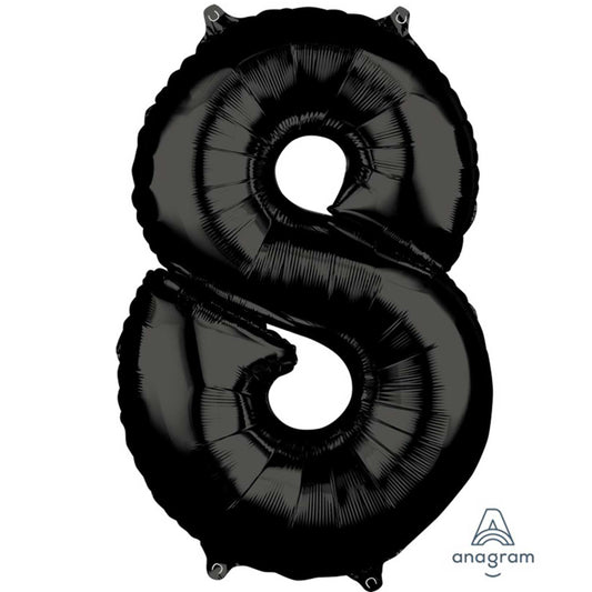 MID-SIZE SHAPE FOIL BALLOON - BLACK NUMBER 8 - 66CM