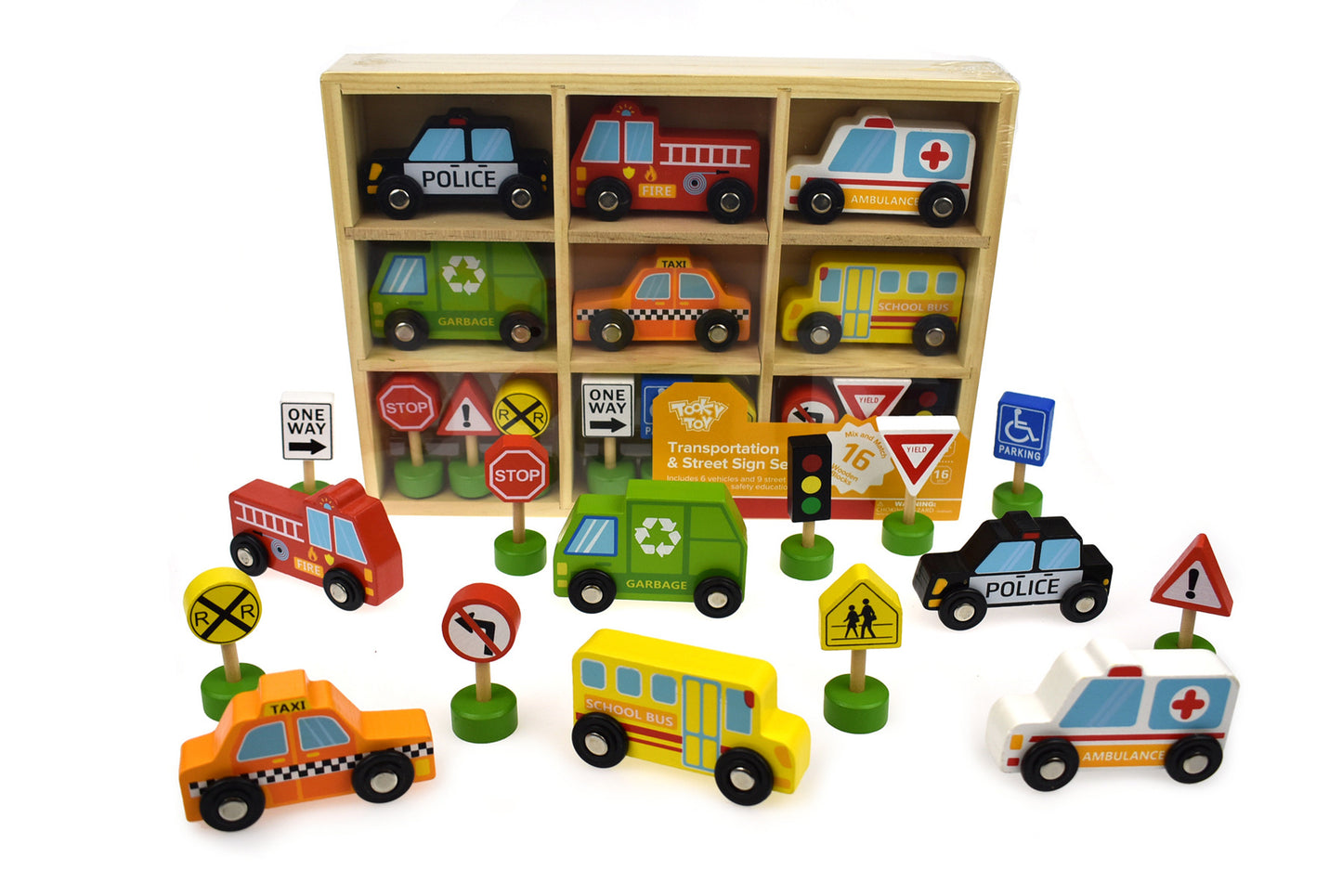 TOOKY TOY TRANSPORTATION VEHICLES AND STREET SIGNS SET - 16 PIECES