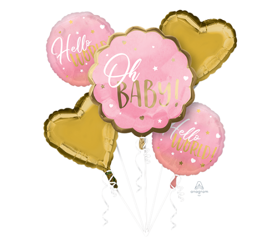 PINK BABY OH BABY HELLO WORLD HELIUM FOIL BALLOON BOUQUET - PACK OF 5