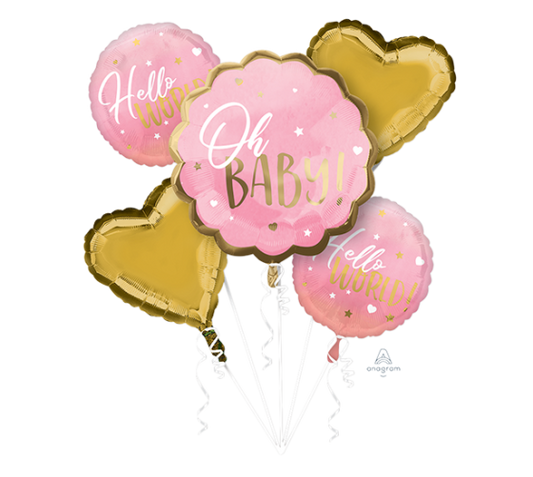 PINK BABY OH BABY HELLO WORLD HELIUM FOIL BALLOON BOUQUET - PACK OF 5