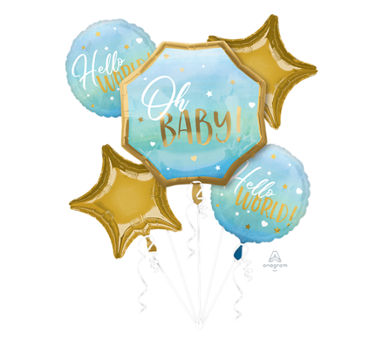 BLUE BABY OH BABY HELLO WORLD HELIUM FOIL BALLOON BOUQUET - PACK OF 5