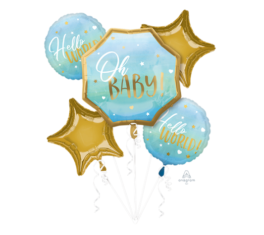 BLUE BABY OH BABY HELLO WORLD HELIUM FOIL BALLOON BOUQUET - PACK OF 5