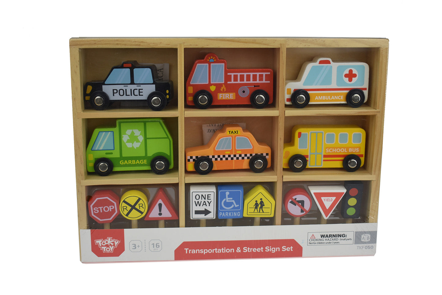 TOOKY TOY TRANSPORTATION VEHICLES AND STREET SIGNS SET - 16 PIECES