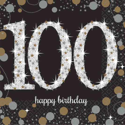 GOLD & BLACK CELEBRATION 100TH BIRTHDAY BEVERAGE NAPKINS - PACK OF 16