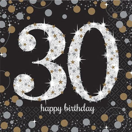 GOLD & BLACK CELEBRATION 30TH BIRTHDAY LUNCH NAPKINS - PACK OF 16