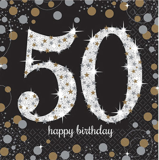 GOLD & BLACK CELEBRATION 50TH BIRTHDAY LUNCH NAPKINS - PACK OF 16