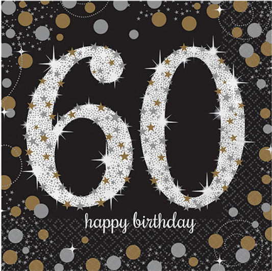 GOLD & BLACK CELEBRATION 60TH BIRTHDAY LUNCH NAPKINS - PACK OF 16