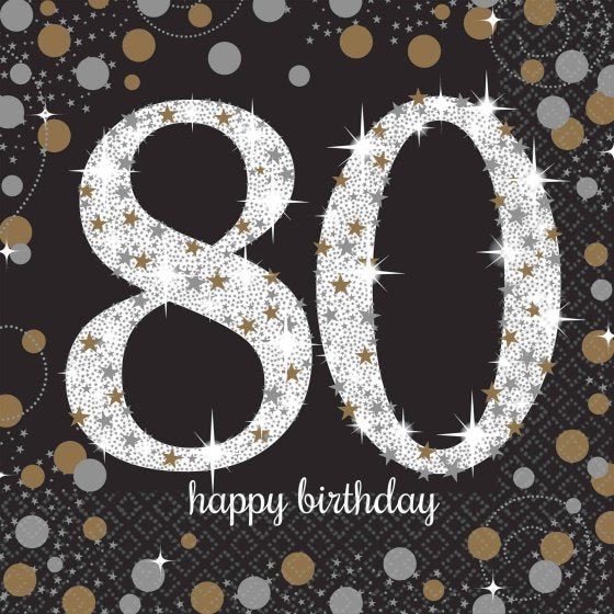 GOLD & BLACK CELEBRATION 80TH BIRTHDAY LUNCH NAPKINS - PACK OF 16