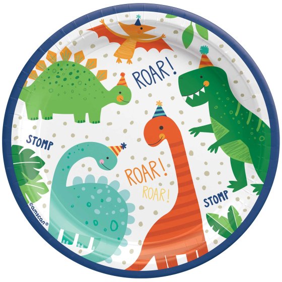 DINOSAUR ROUND PAPER PLATES 17CM - PACK OF 8