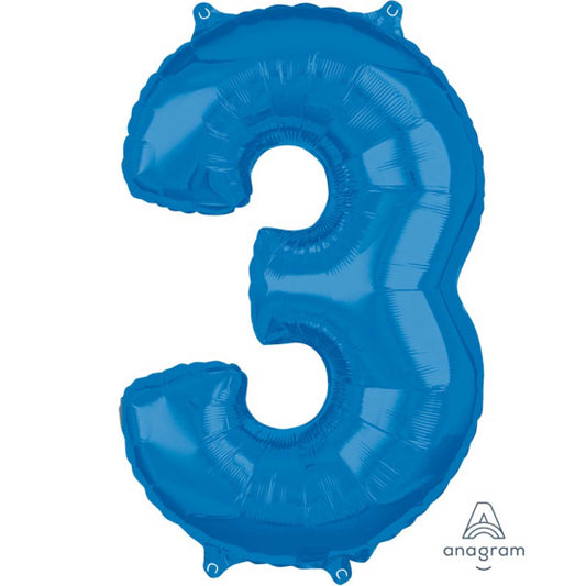 MID-SIZE SHAPE FOIL BALLOON - BLUE NUMBER 3 - 66CM