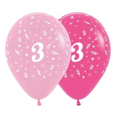 SEMPERTEX PINK 30CM LATEX BALLOONS - NUMBER 3 - PACK OF 6