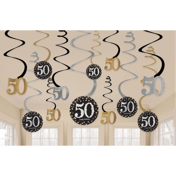 SPARKLING CELEBRATION 50 HANGING SWIRL DECORATIONS - 12 PIECES