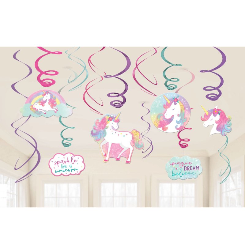 ENCHANTED UNICORN HANGING SWIRL DECORATIONS - 12 PIECES