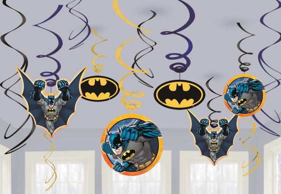 BATMAN BIRTHDAY HANGING SWIRL DECORATIONS - 12 PIECES