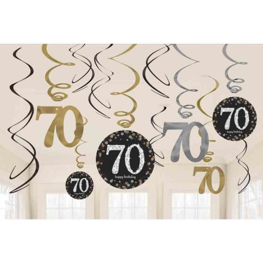 70TH BIRTHDAY HANGING SWIRL DECORATIONS - 12 PIECES