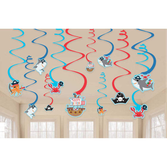 AHOY BIRTHDAY HANGING SWIRL DECORATIONS - 12 PIECES