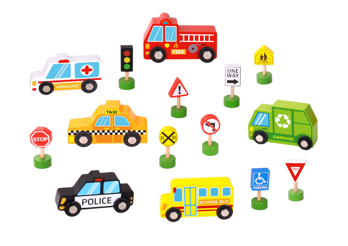 TOOKY TOY TRANSPORTATION VEHICLES AND STREET SIGNS SET - 16 PIECES