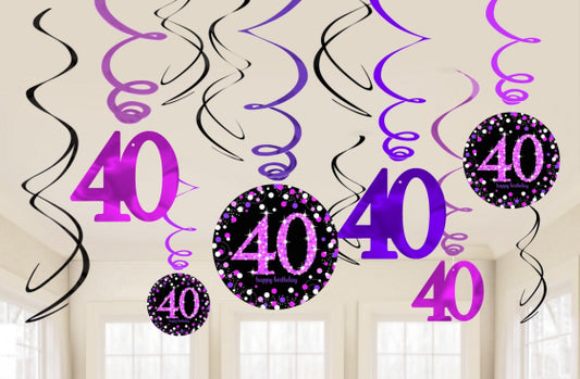 PINK CELEBRATION 40 HANGING SWIRL DECORATIONS - 12 PIECES