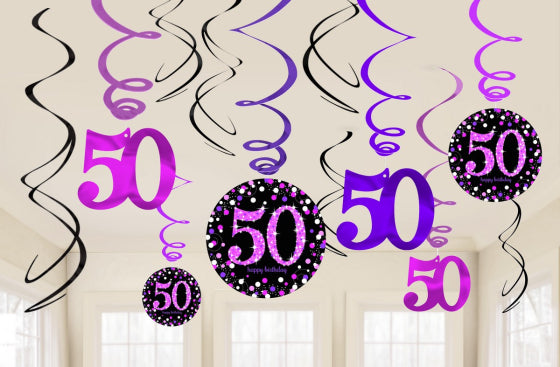 PINK CELEBRATION 50 HANGING SWIRL DECORATIONS - 12 PIECES