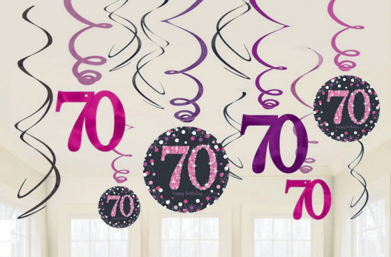 PINK CELEBRATION 70 HANGING SWIRL DECORATIONS - 12 PIECES