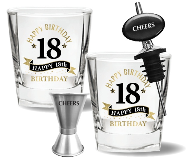 18TH BIRTHDAY SPIRIT GLASS GIFT SET - 4 PIECE GIFT SET