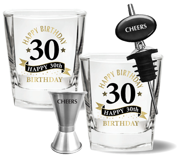 30TH BIRTHDAY SPIRIT GLASS GIFT SET - 4 PIECE GIFT SET