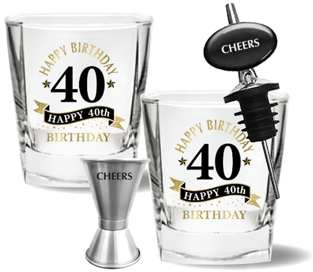 40TH BIRTHDAY SPIRIT GLASS GIFT SET - 4 PIECE GIFT SET