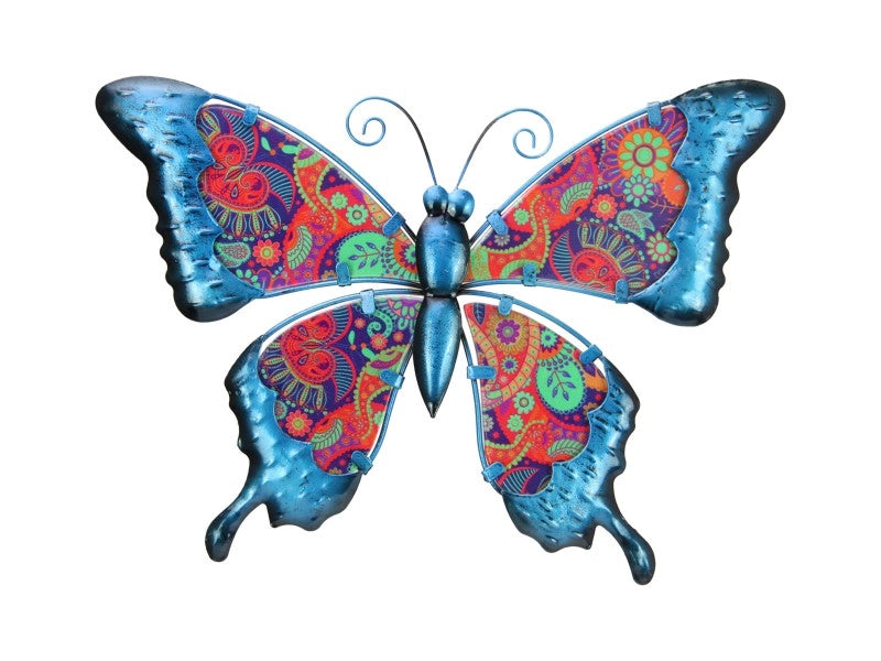 BLUE METAL COLOURED GLASS BUTTERFLY WALL ART - 32CM