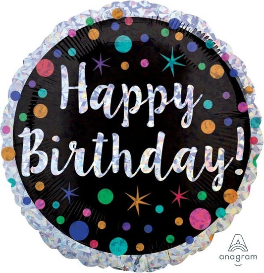 HOLOGRAPHIC POLKA DOT HAPPY BIRTHDAY FOIL BALLOON - 45CM