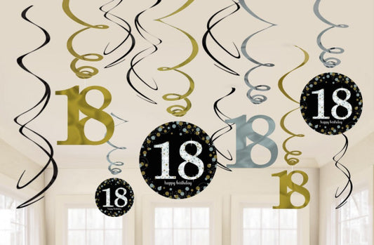 SPARKLING CELEBRATION 18 HANGING SWIRL DECORATIONS - 12 PIECES