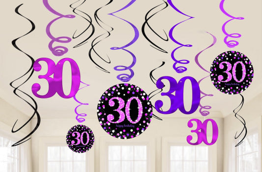 PINK CELEBRATION 30 HANGING SWIRL DECORATIONS - 12 PIECES