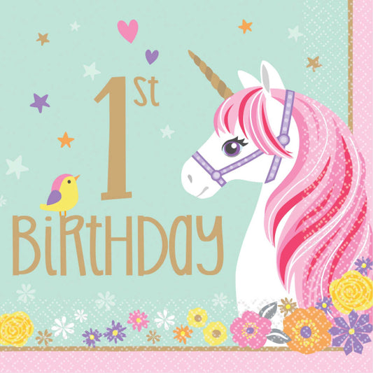 MAGICAL UNICORN 1ST BIRTHDAY LUNCH NAPKINS - PACK OF 16