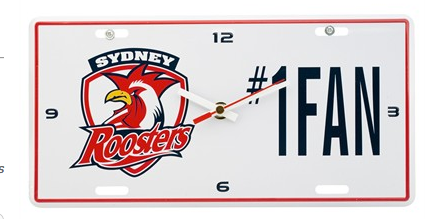 NRL SYDNEY ROOSTERS LICENSE PLATE CLOCK - NUMBER #1 FAN