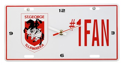 NRL ST GEORGE ILLAWARRA DRAGONS LICENSE PLATE CLOCK - NUMBER #1 FAN