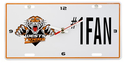 NRL WEST TIGERS LICENSE PLATE CLOCK - NUMBER #1 FAN