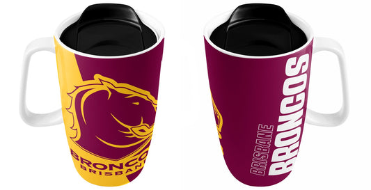 NRL BRISBANE BRONCOS HANDLE CERAMIC TRAVEL MUG WITH LID