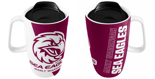 NRL MANLY SEA EAGLES HANDLE CERAMIC TRAVEL MUG WITH LID