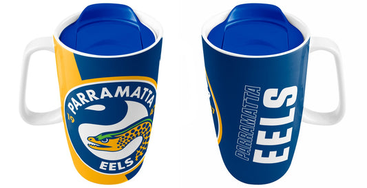 NRL PARRAMATTA EELS HANDLE CERAMIC TRAVEL MUG WITH LID