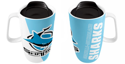 NRL CRONULLA SUTHERLAND SHARKS HANDLE CERAMIC TRAVEL MUG WITH LID